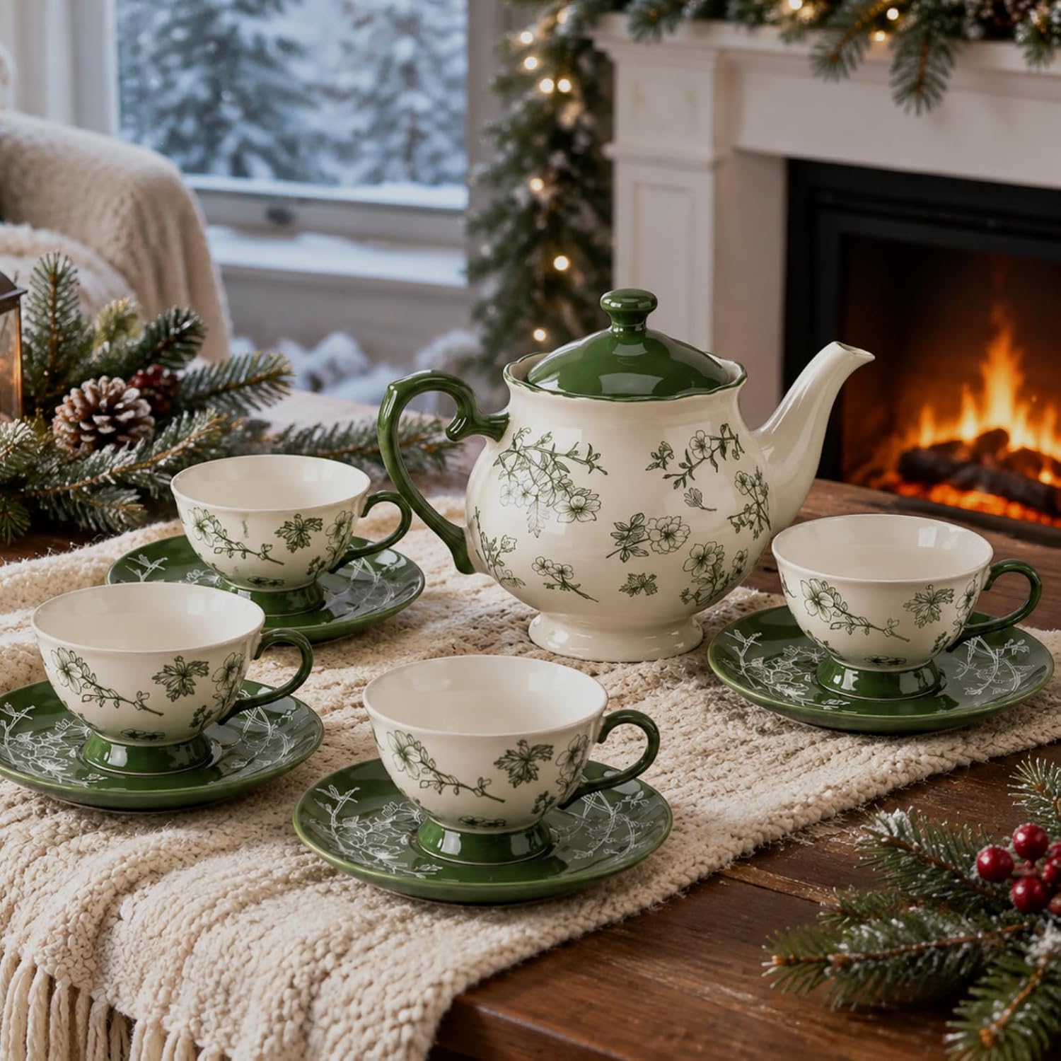 Vintage Collectible Spoons - 13-delige vintage theeservies met groene bloemenmotieven,